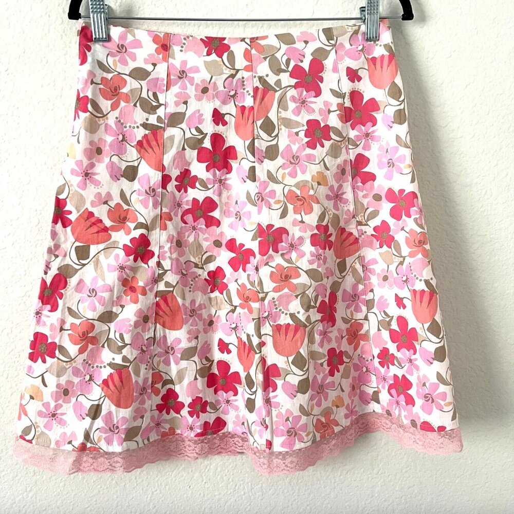 Vtg Y2K Exact Change‎ Sz 5 Juniors Pink Floral Lace Trim Skirt Spring Bloomcore